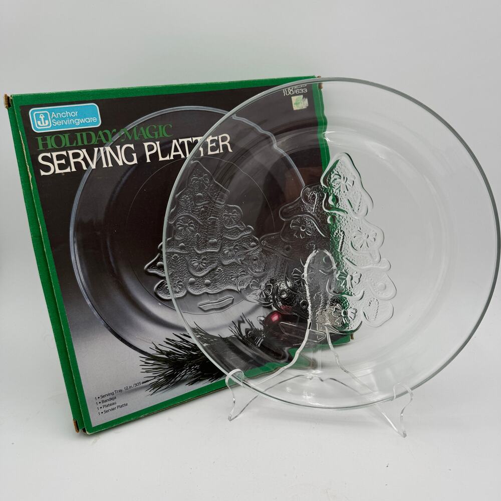 Vtg Christmas Tree Platter Tray Holiday Magic Clear Tempered Glass 12" with Box